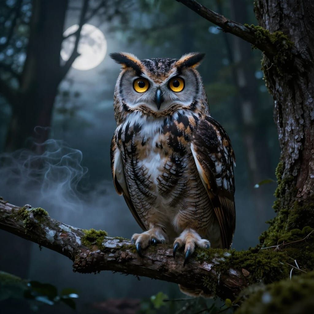 Ancient Owl with Molten Gold Eyes in Twilight Forest