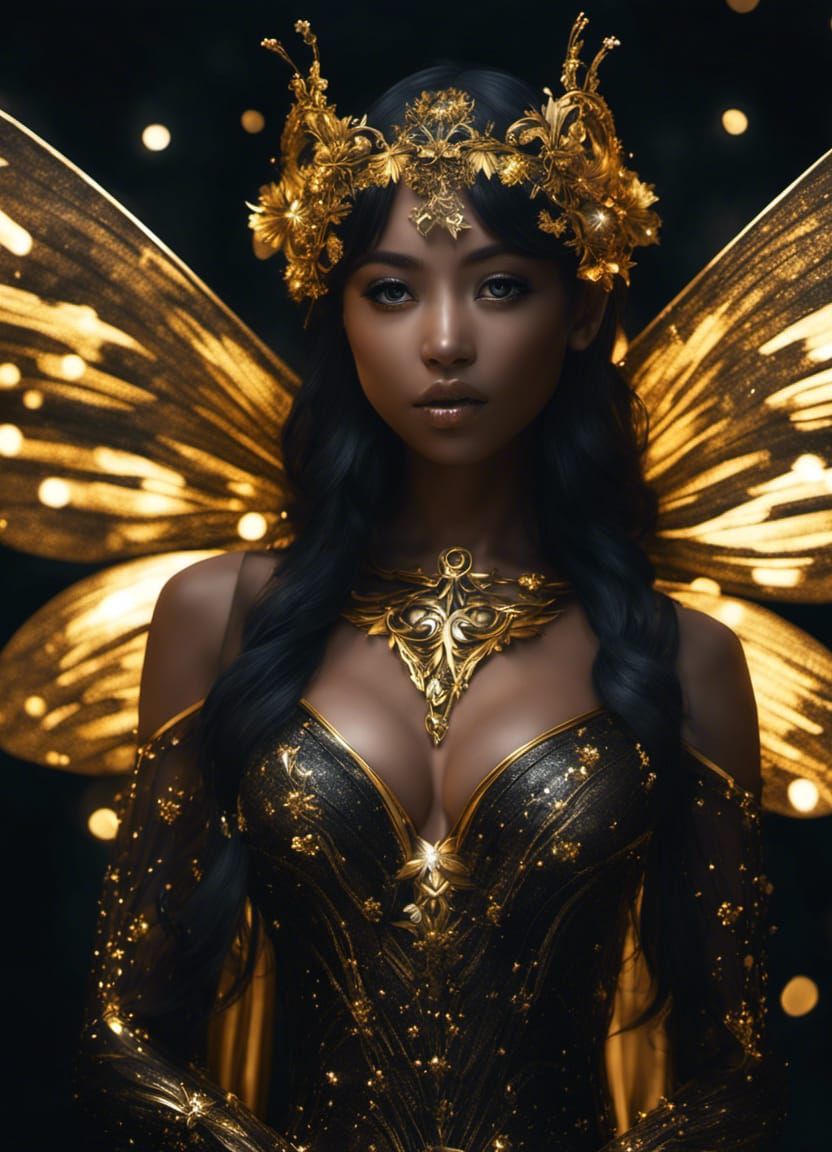 Dark Fairy Portrait with Gold Light Orbs