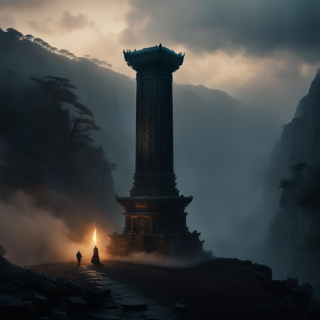 Ethereal Mourning Aix on Glowing Ruins in Misty Huanglong