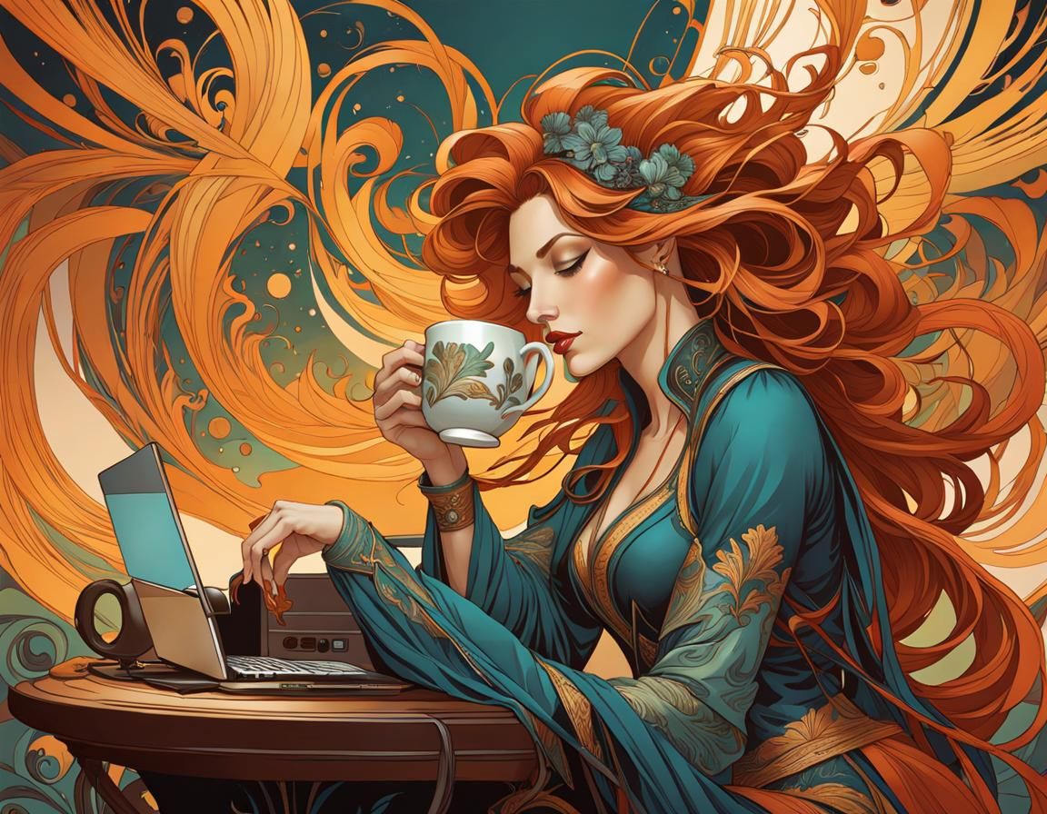 Art Nouveau Woman Sips Coffee at Computer