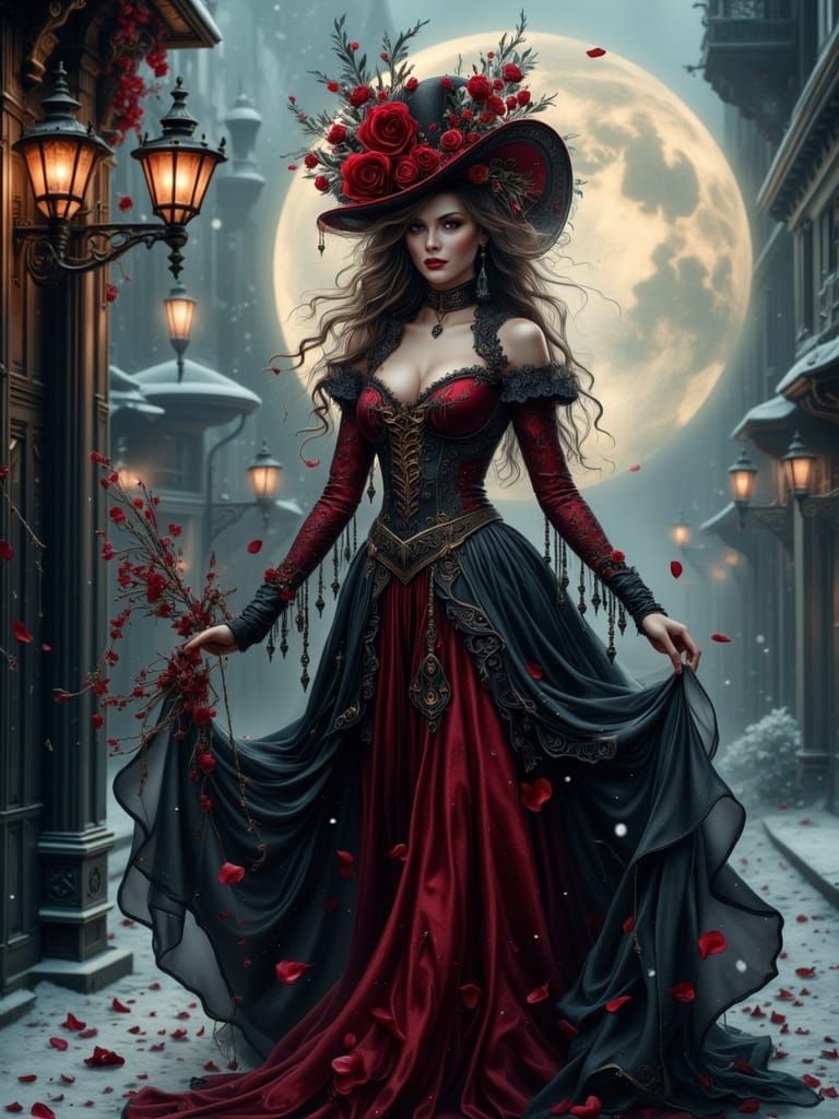 Gothic Sorceress on Snowy Victorian Street
