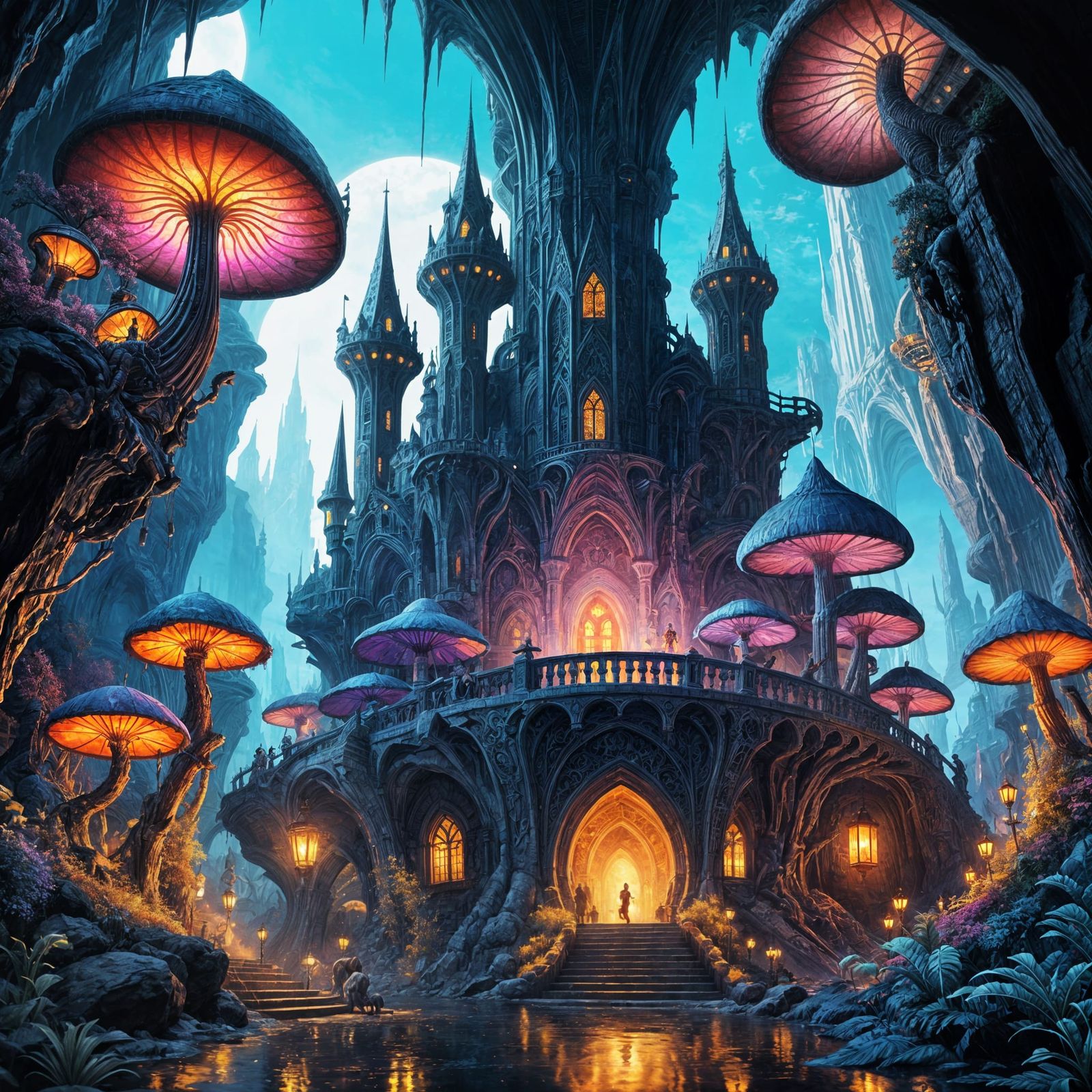 Epic Fantasy Cave Cityscape in Vibrant Colors