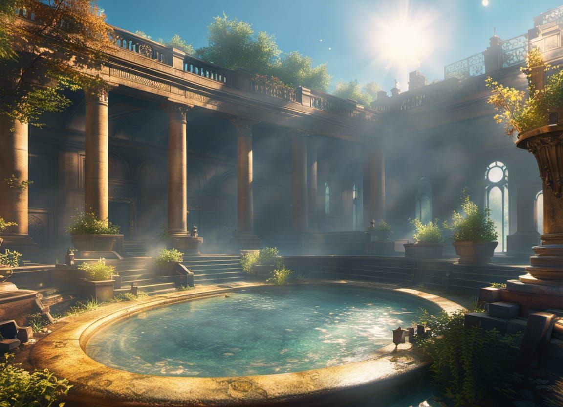 Solarpunk Winter Bathhouse with Steaming Water