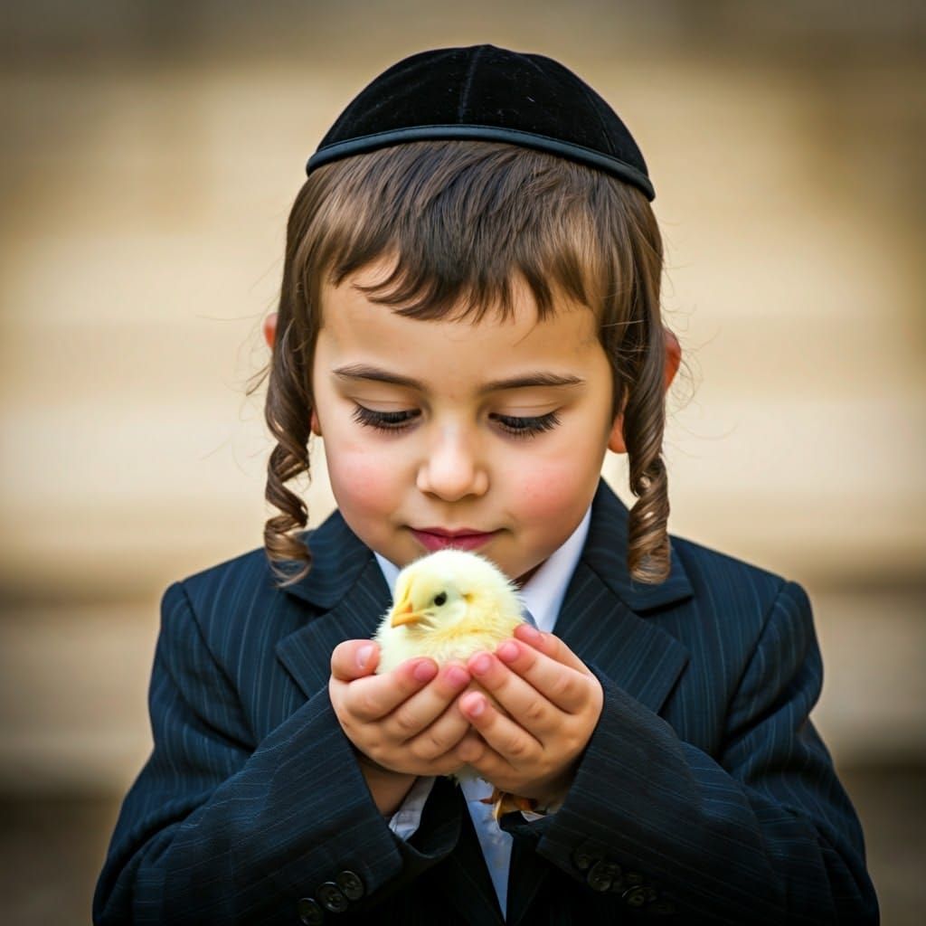 Haredi Boy Tenderly Holds a Bright Yellow Chick