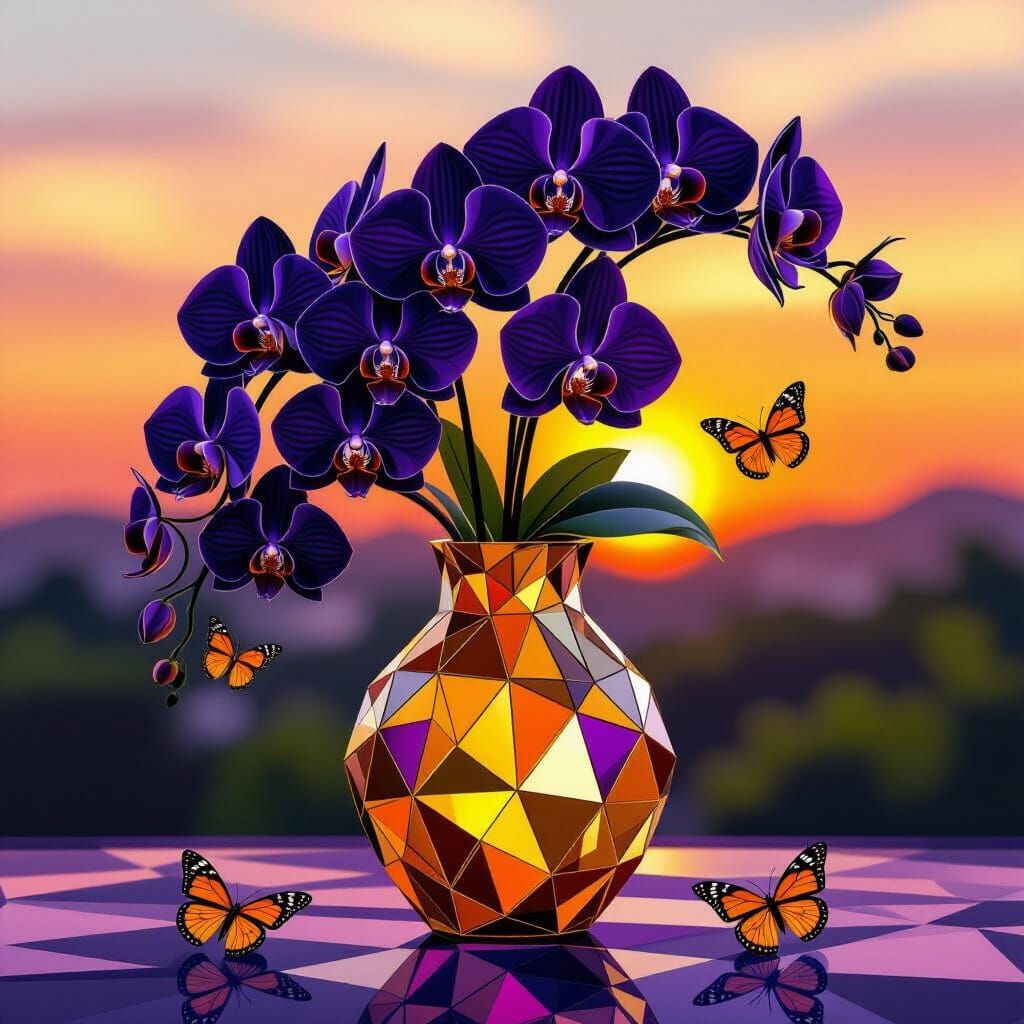 Geometric Orchid Mosaic: Golden Hour Vector Art
