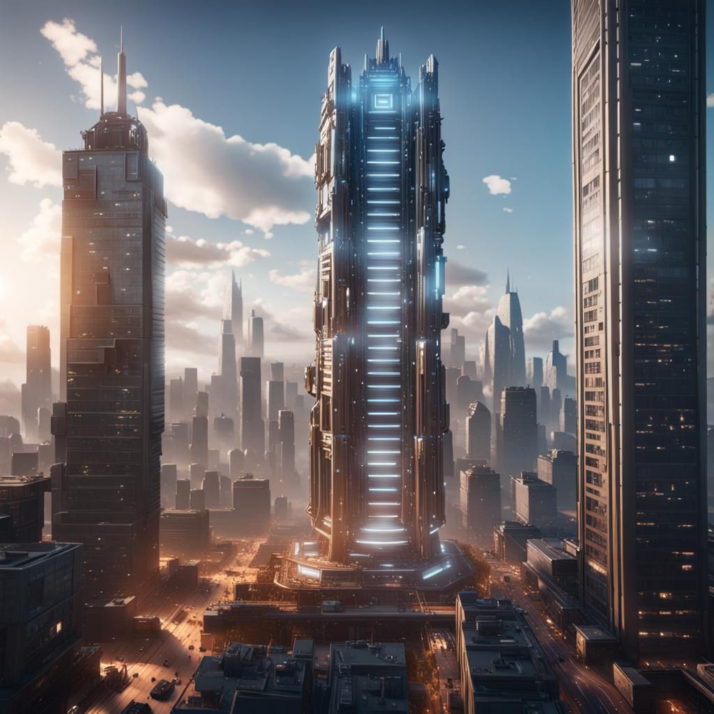 Futuristic Tech Tower in Modern City, 3D Render