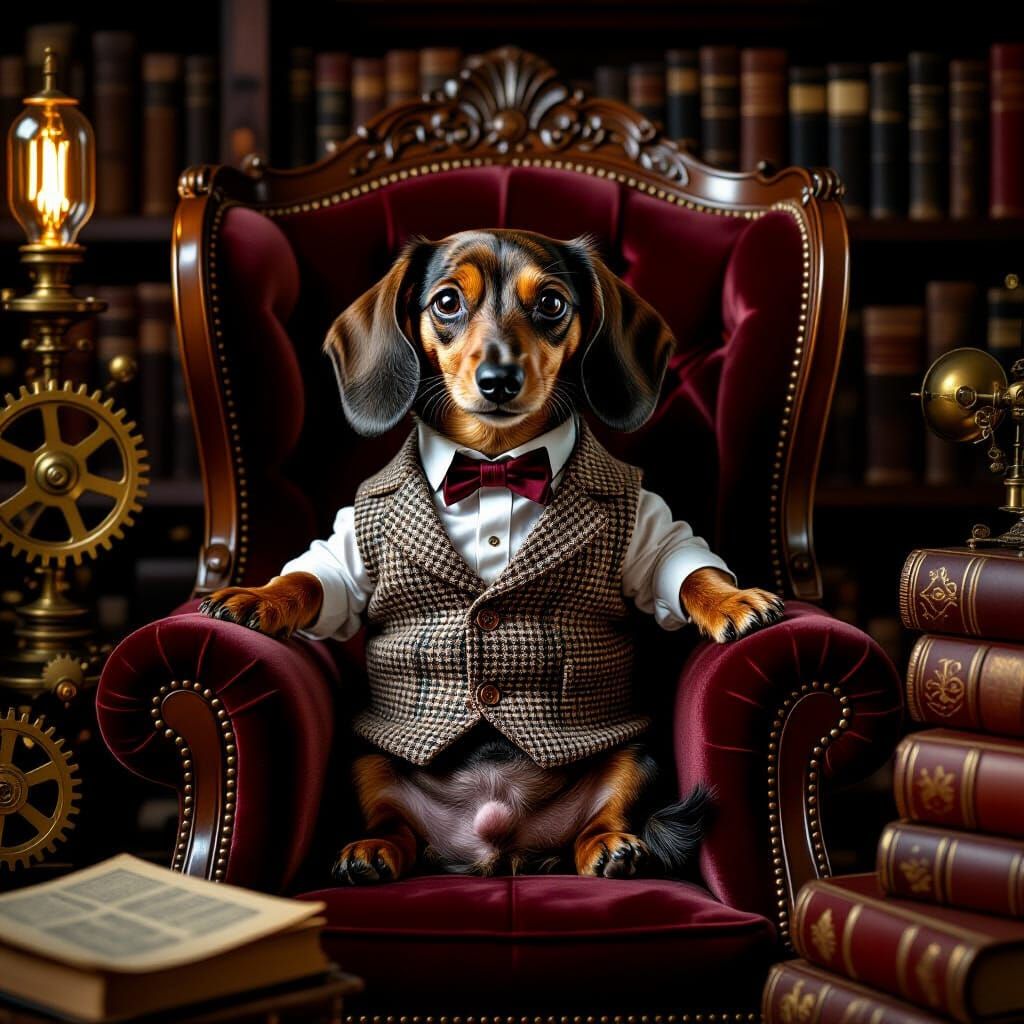 Steampunk Dachshund Gentleman in Library