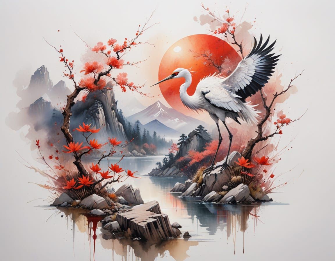 East Asian Landscape Painting of Tranquil Lake and Crane