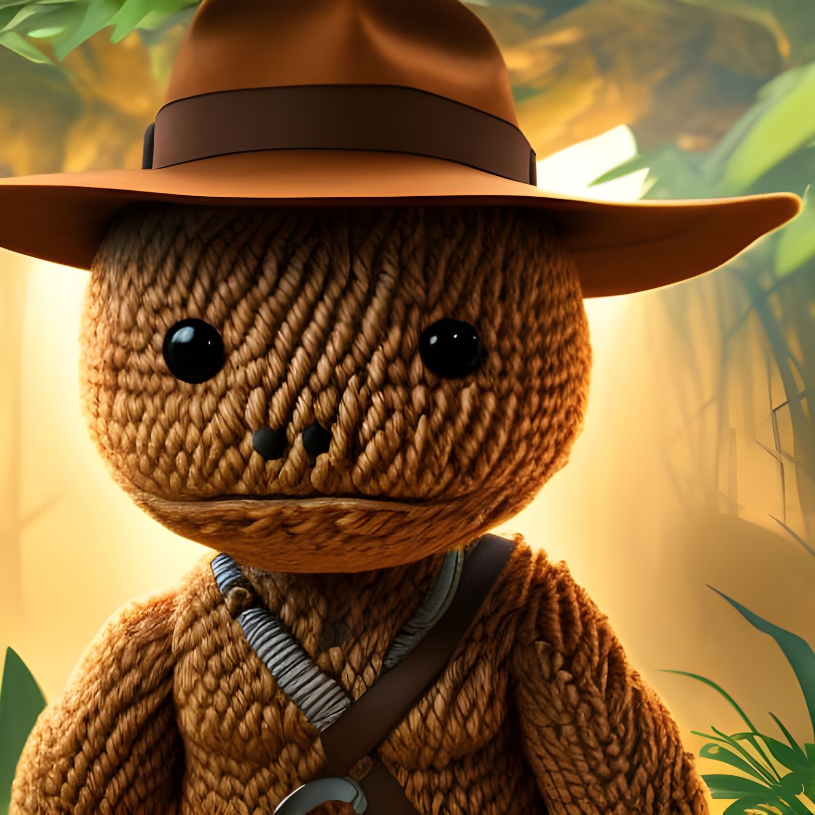 Yarn Sackboy Bear as Indiana Jones in Jungle