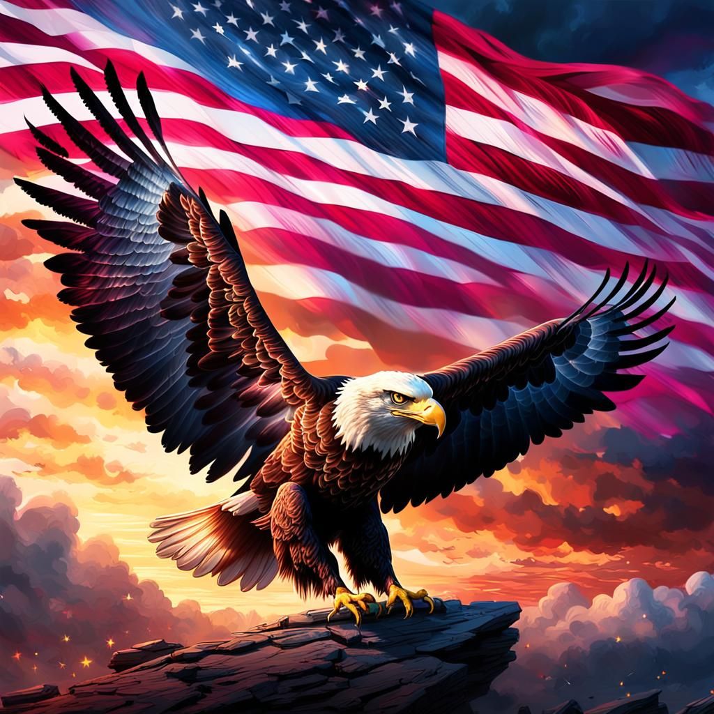Eagle Soaring Towards American Flag in Dreamlike Scene