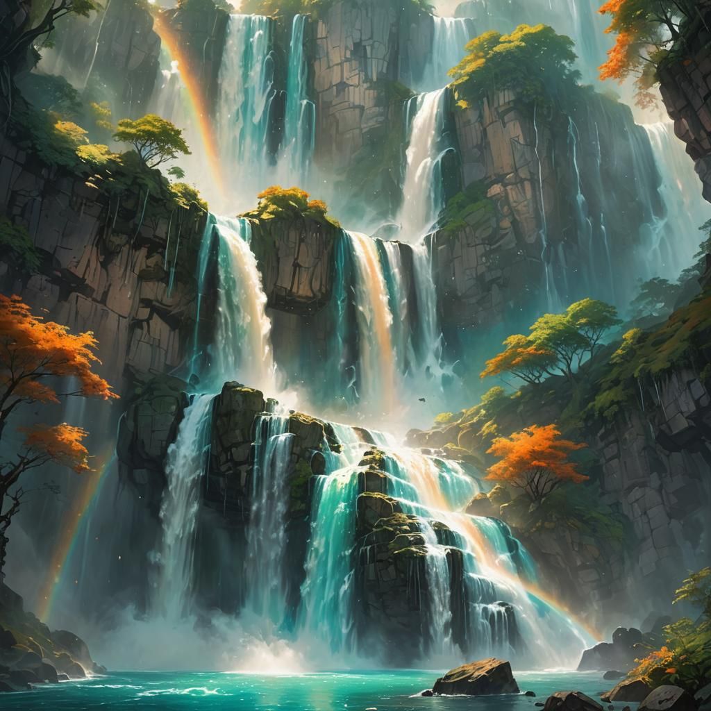 Majestic Waterfall in Fantasy Landscape, Digital Art