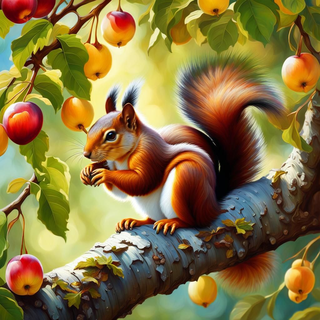 Squirrel in Plum Tree: A Landscape Painting