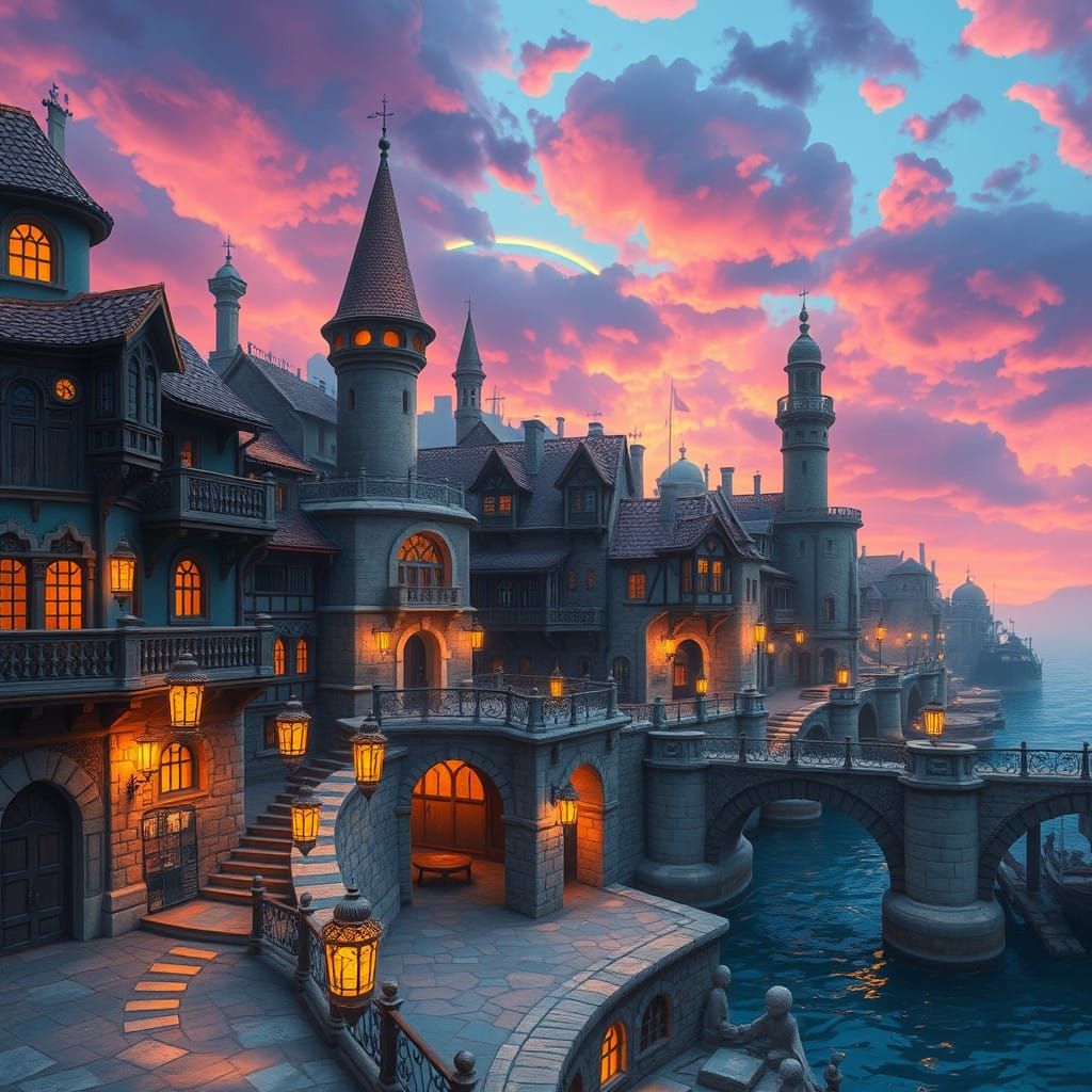 Whimsical Renaissance-Inspired Port Cityscape in Mystic Colo...