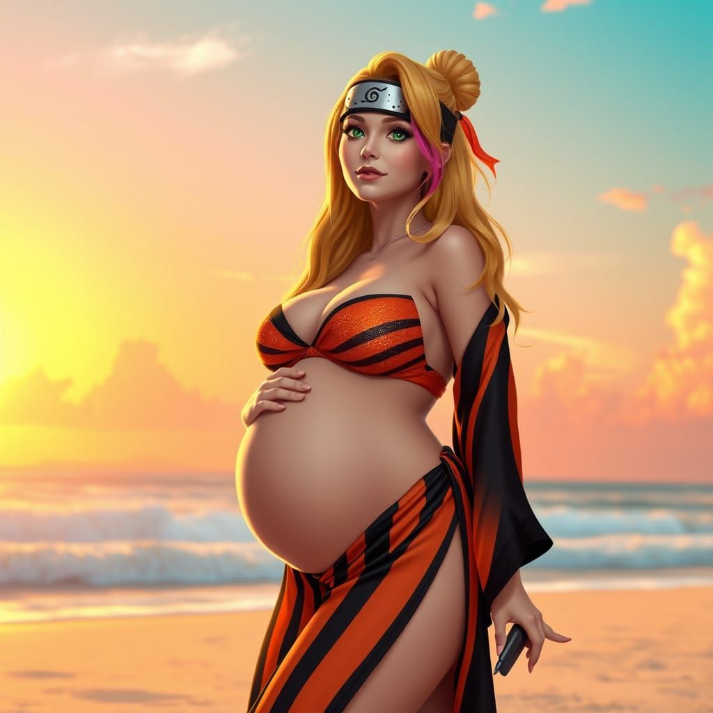 Confident Pregnant Naruto Uzumaki in Vibrant Kimono Bikini G...