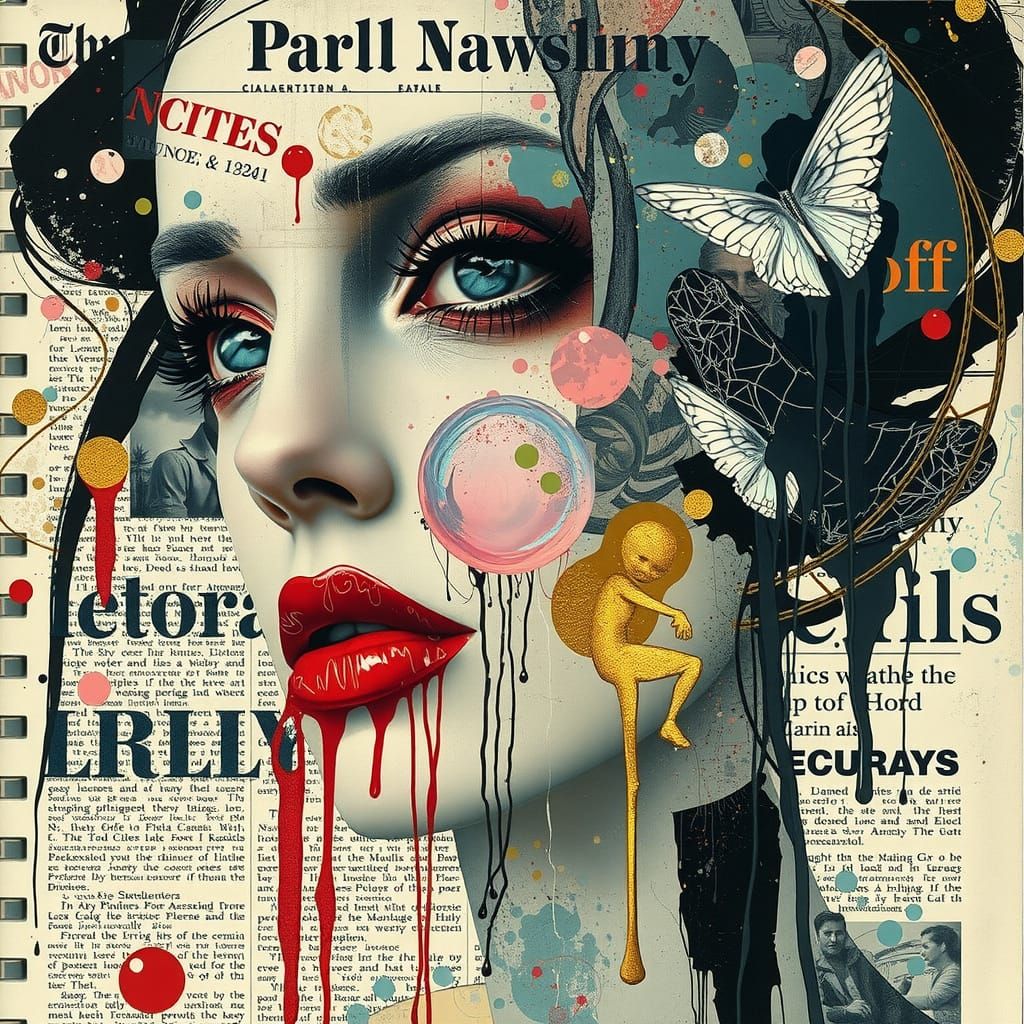 Surreal Collage of Timeless News and Glowing Quantum Ink