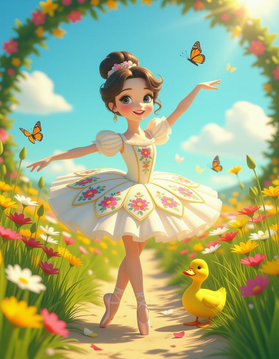 Prima Ballerina in Flower Meadow with Duck