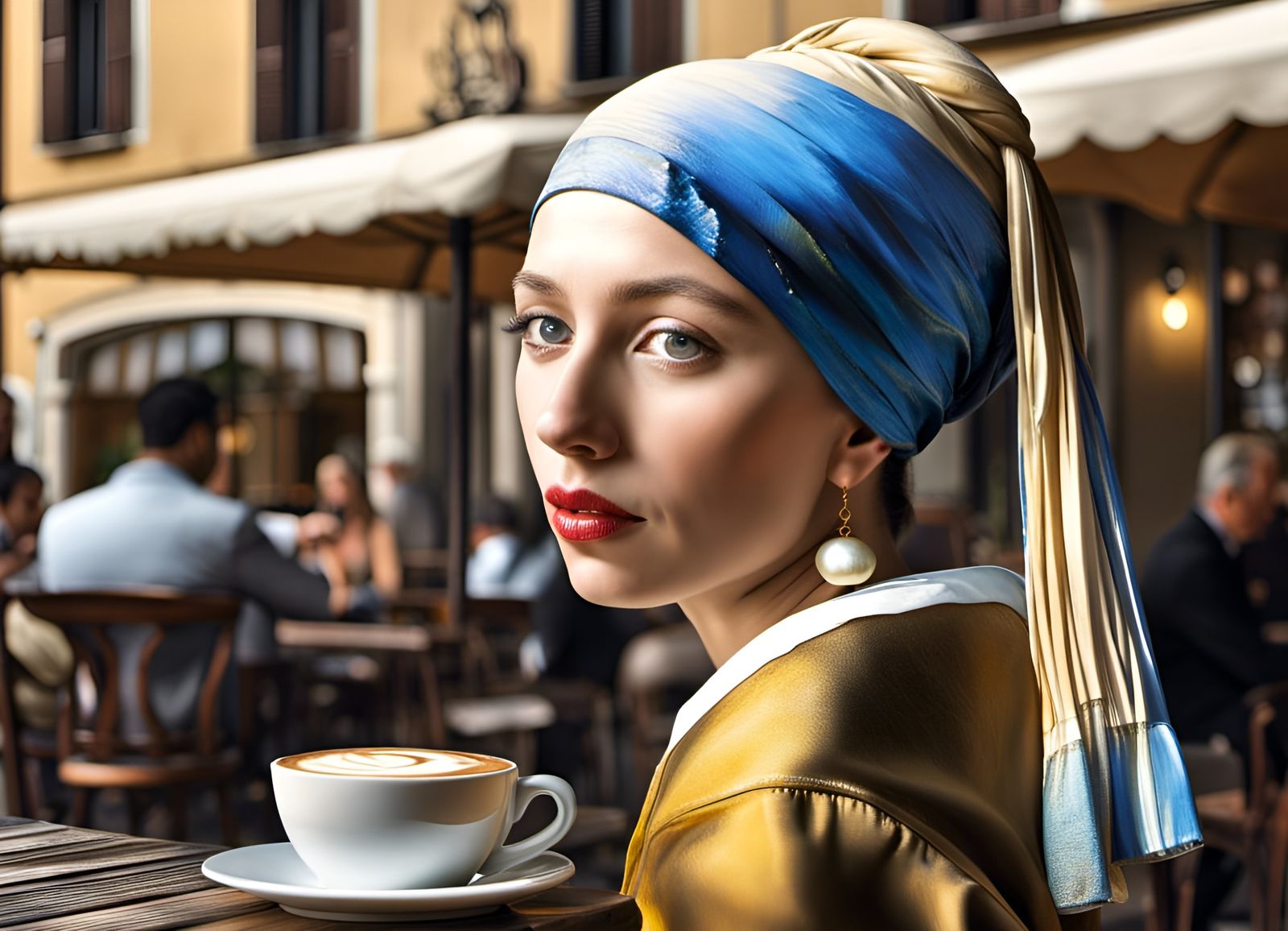 "Girl with a pearl earring" modern digital photograph, in Italy, Sitting at an outdoor cafe, latte sitting on the table....