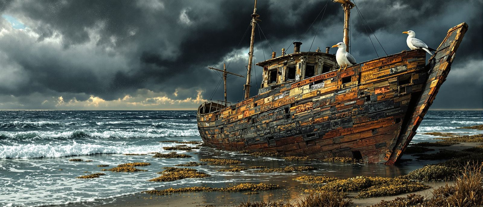 Rustic Shipwreck with Albatross on Shore