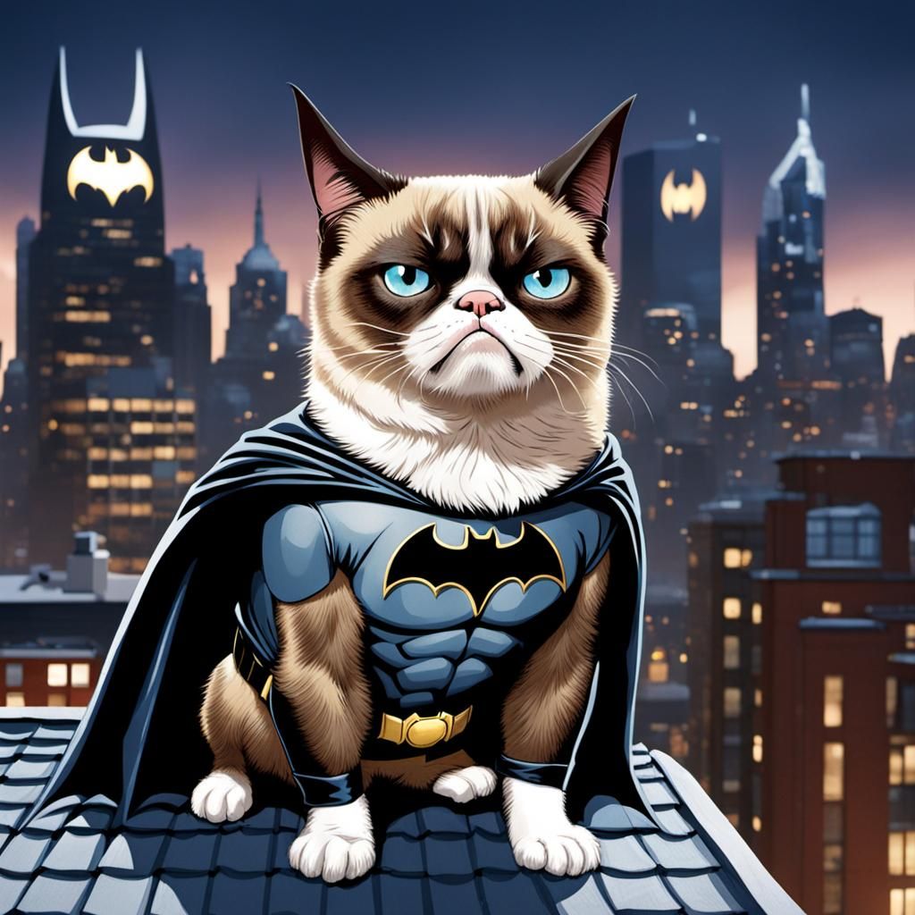 Grumpy Cat as Batman on Gotham Rooftop