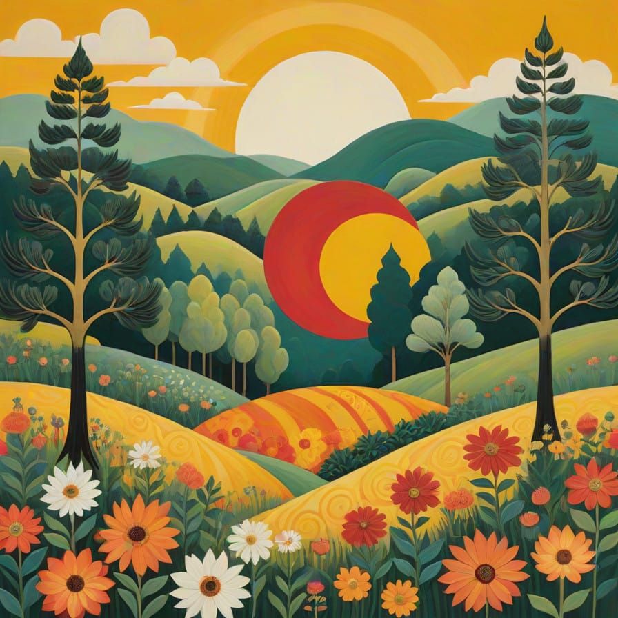 Vibrant Landscape Painting in Folk Art Style with Art Nouvea...