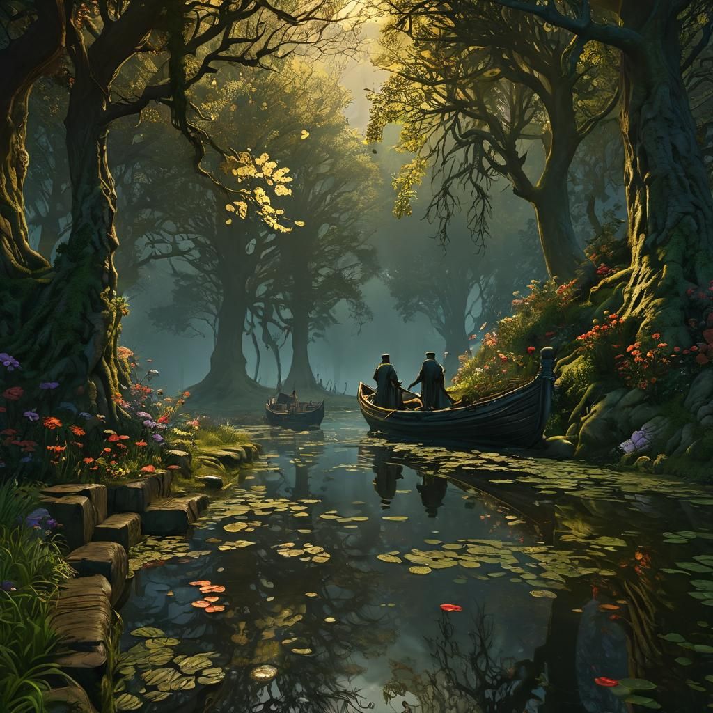 Idyllic Misty Dusk River Scene with Silhouettes