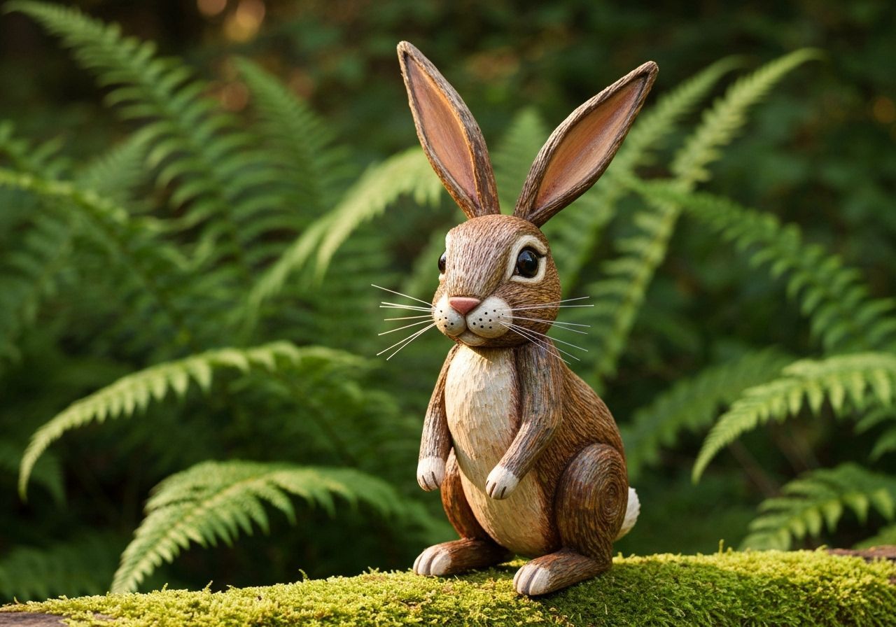 Whimsical Wooden Rabbit Sculpture in Natural Setting