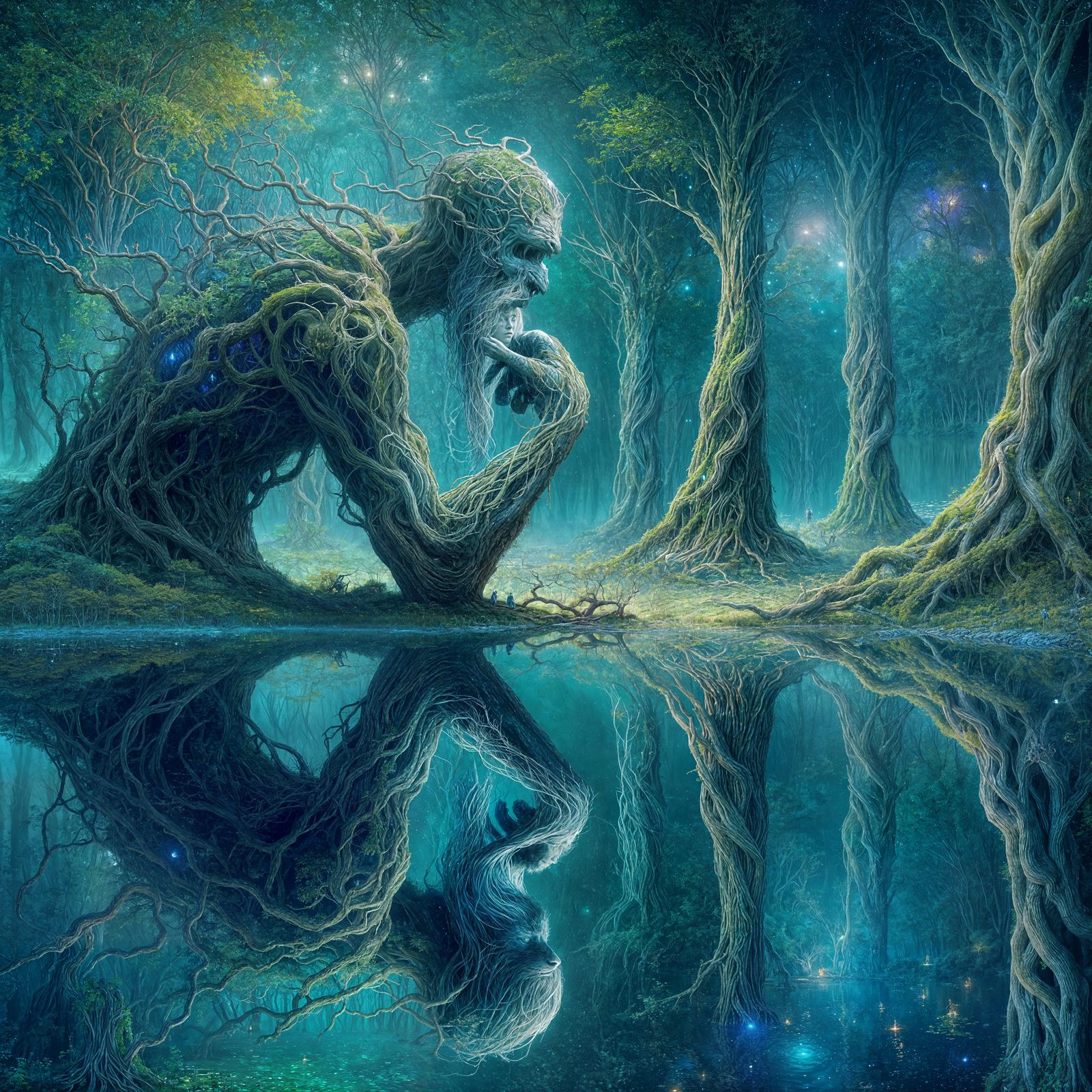 Ancient Forest Spirit Contemplates in Moonlit Lake