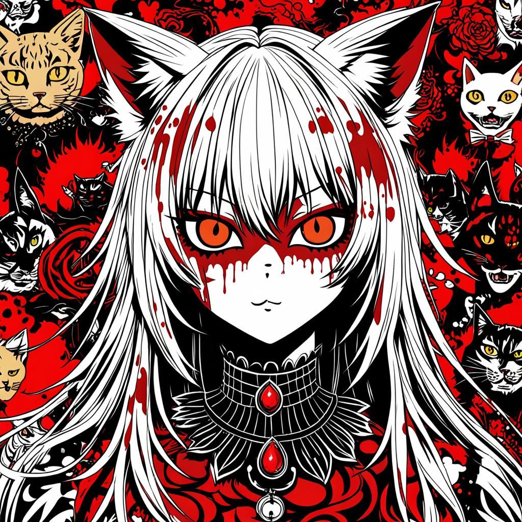 Kawaii Blood Neko Girl in Anime Style