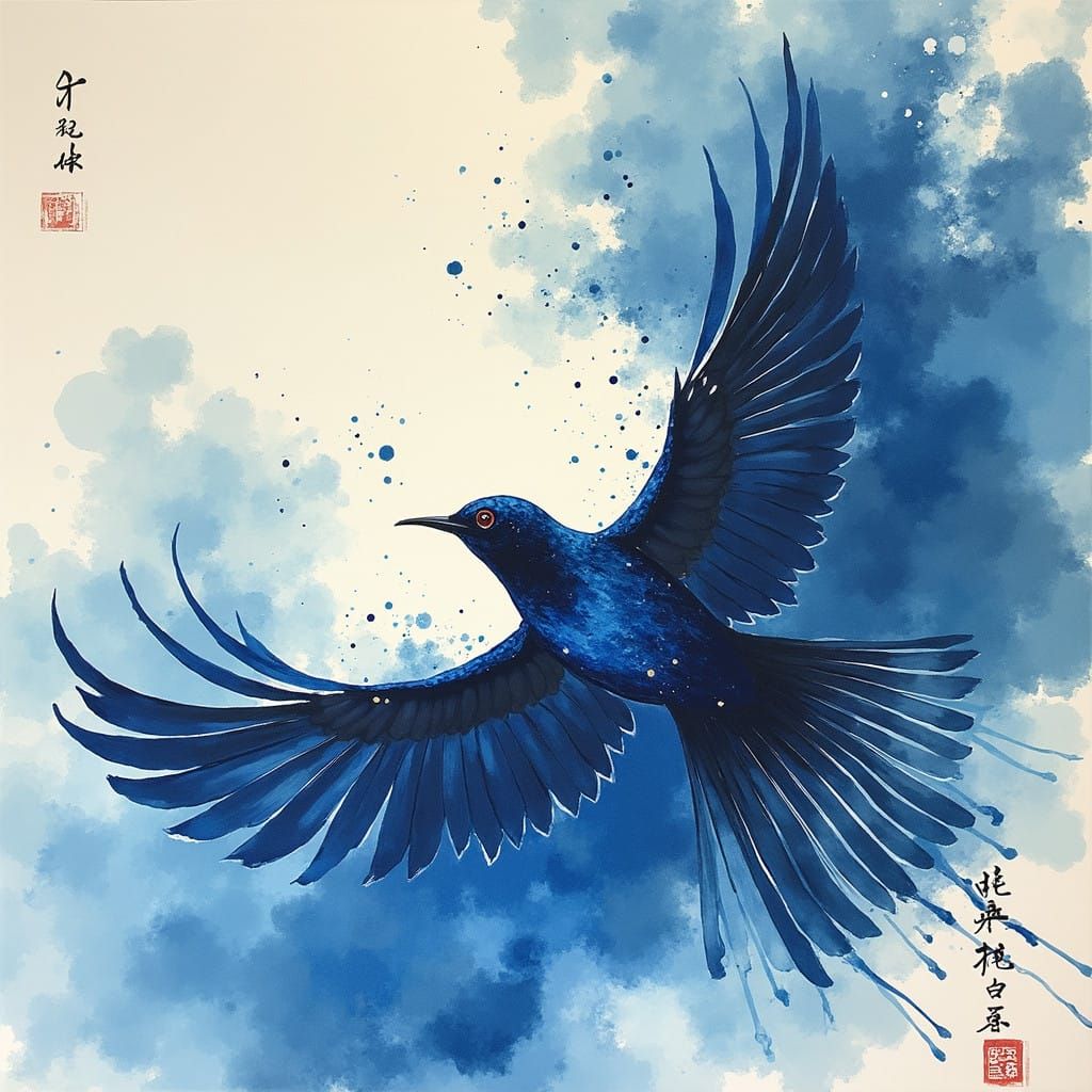 Vibrant Chinese Ink Art in Expressive Brushstrokes and Soft...