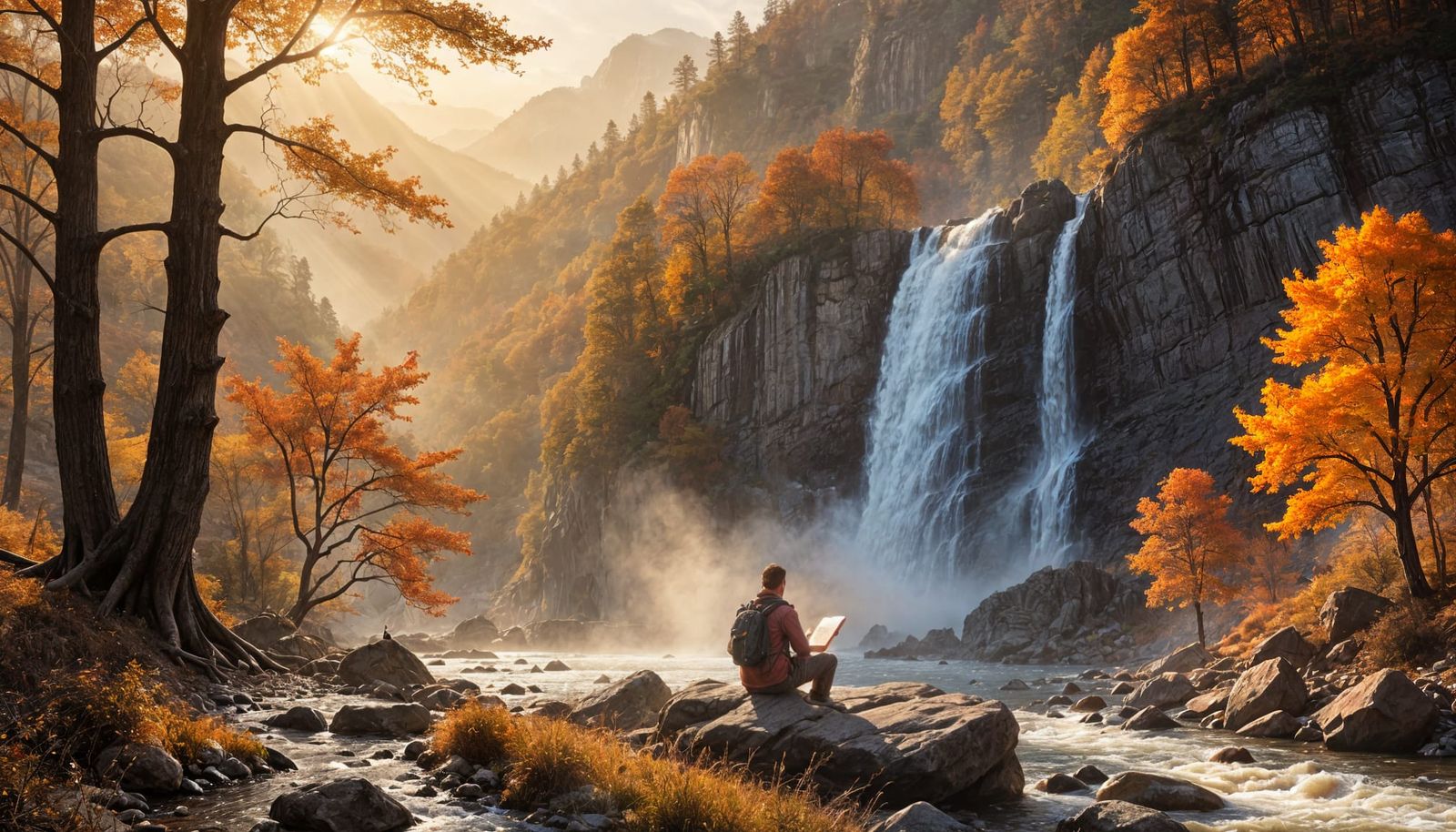 Autumn Waterfall Scene With Lone Artist Sketching