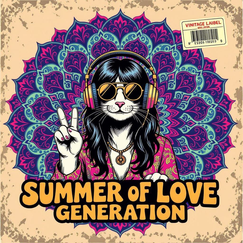 Hippie Cat Album Cover in Psychedelic Art Style