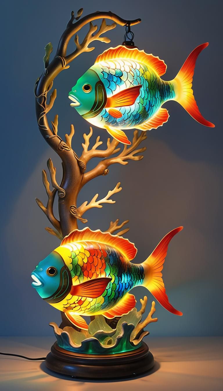 Glowing Multicolored Fish Lamp with Kelp