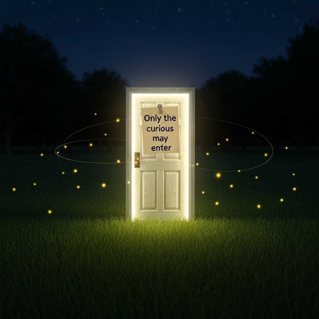 Mysterious Glowing Door in Night Park with Fireflies
