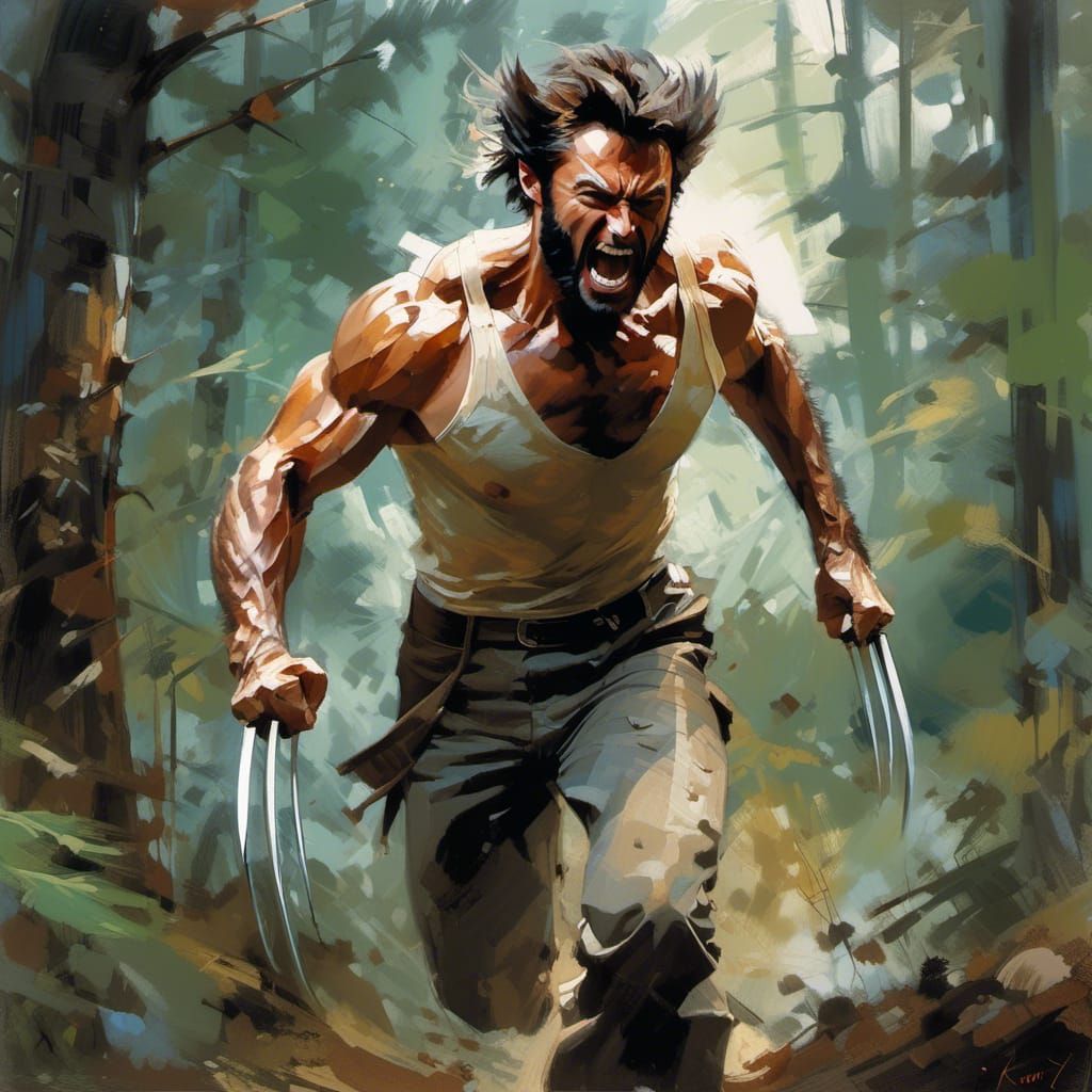 Wolverine in Forest, Detailed Mixed Media Art