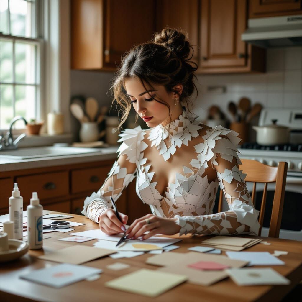 Woman Made of Paper Crafts at Kitchen Table
