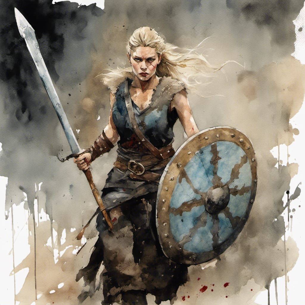Viking Shield Maiden Lagertha in Watercolor Battle