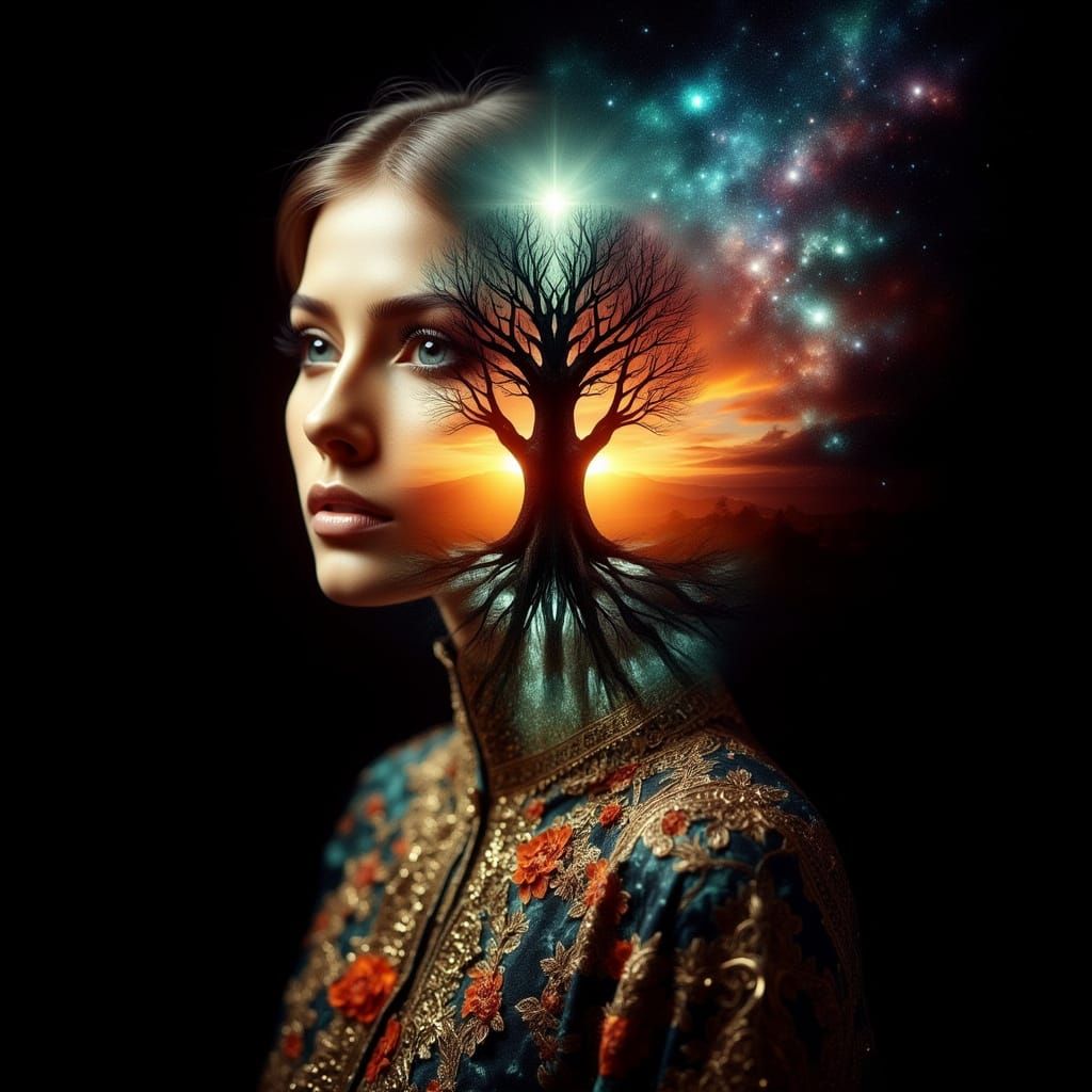 Bioluminescent Woman with Cthulhu Silhouette in Surreal Suns...