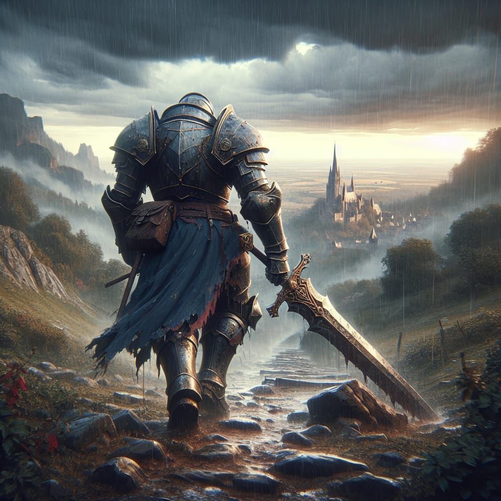 Defeated Paladin Trudges Through Rainy Landscape Towards a S...
