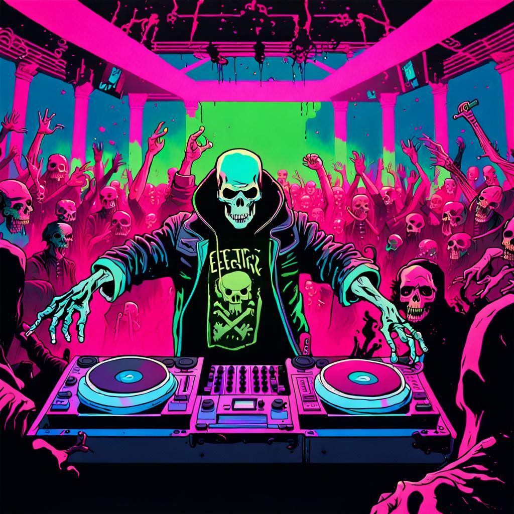 Cyberpunk DJ Necromancer Concert with Dancing Skeletons