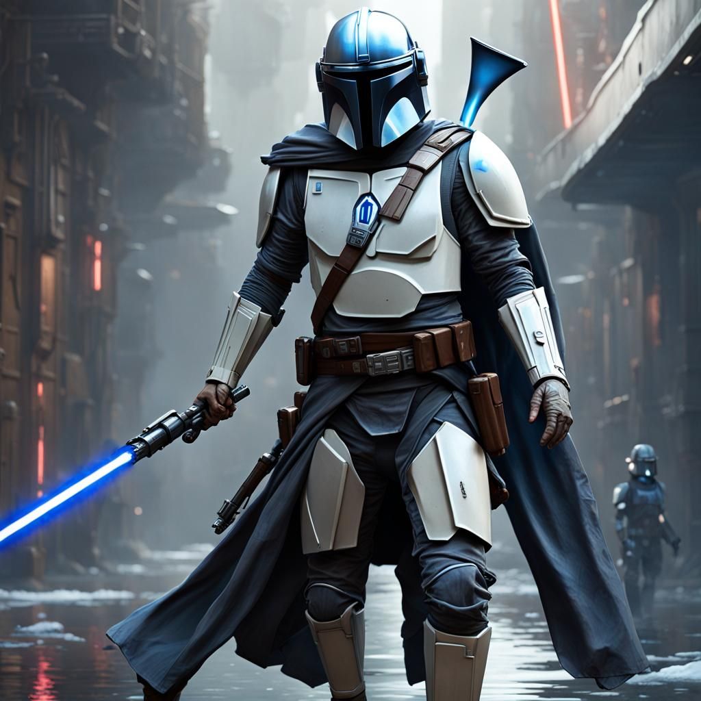 Jedi Mandalorian with Blue Lightsaber, Hyperdetailed Concept...