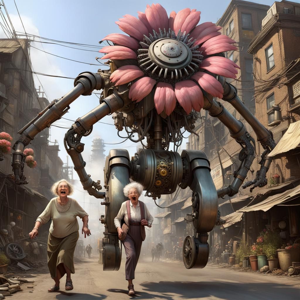 Dieselpunk Robot Flower in Slum, Digital Art