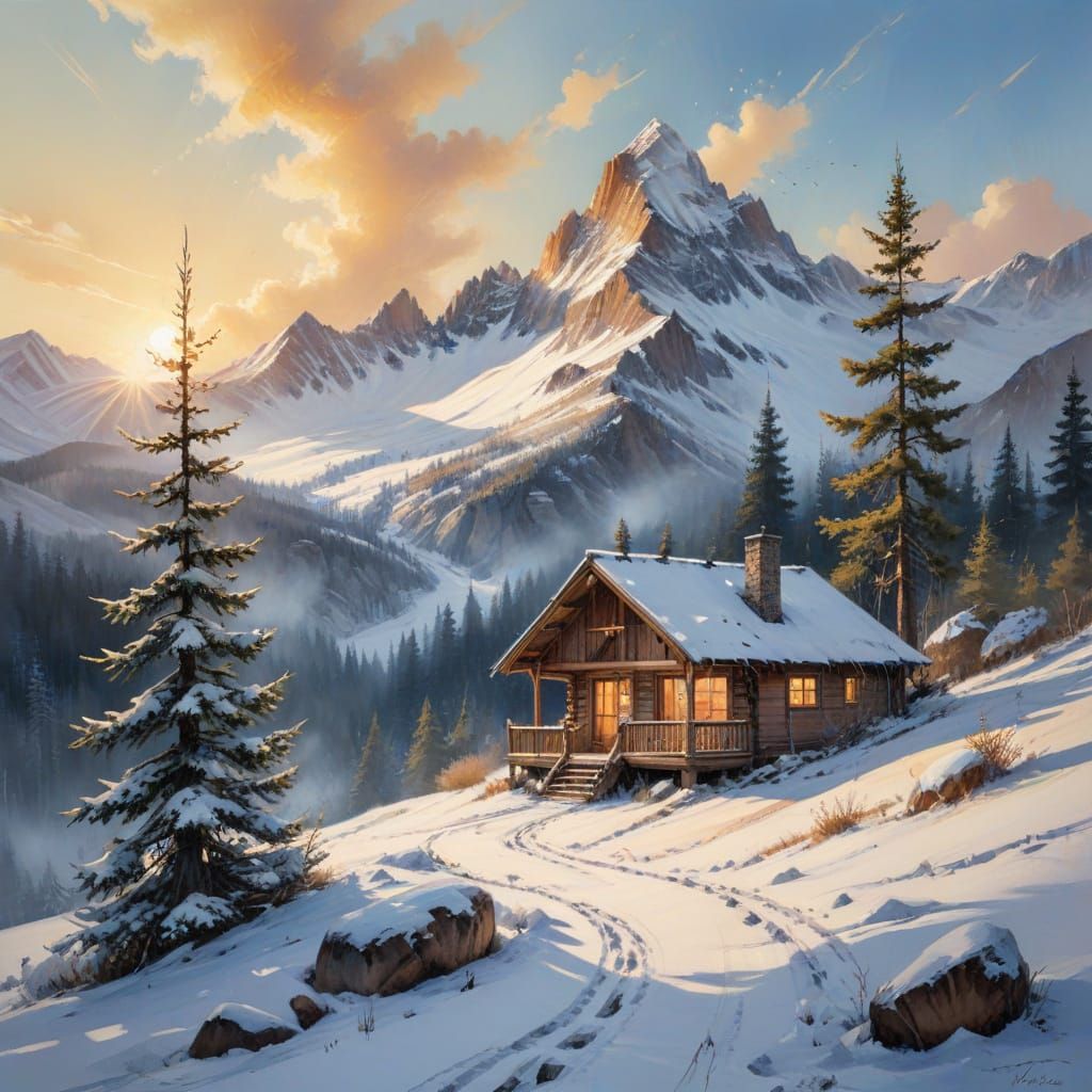 Serene Winter Mountain Sunset with Cozy Cabins