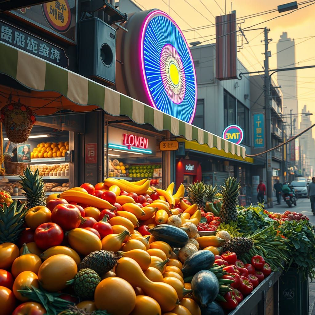 Vibrant Food Stand in Futuristic Cityscape