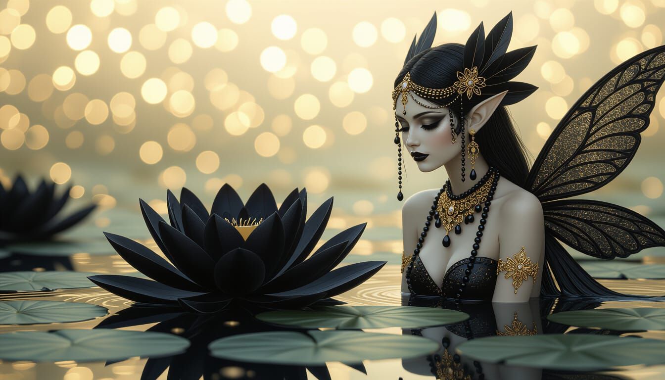 Ethereal Lotus Faery in Glistening Black Lotus Pond