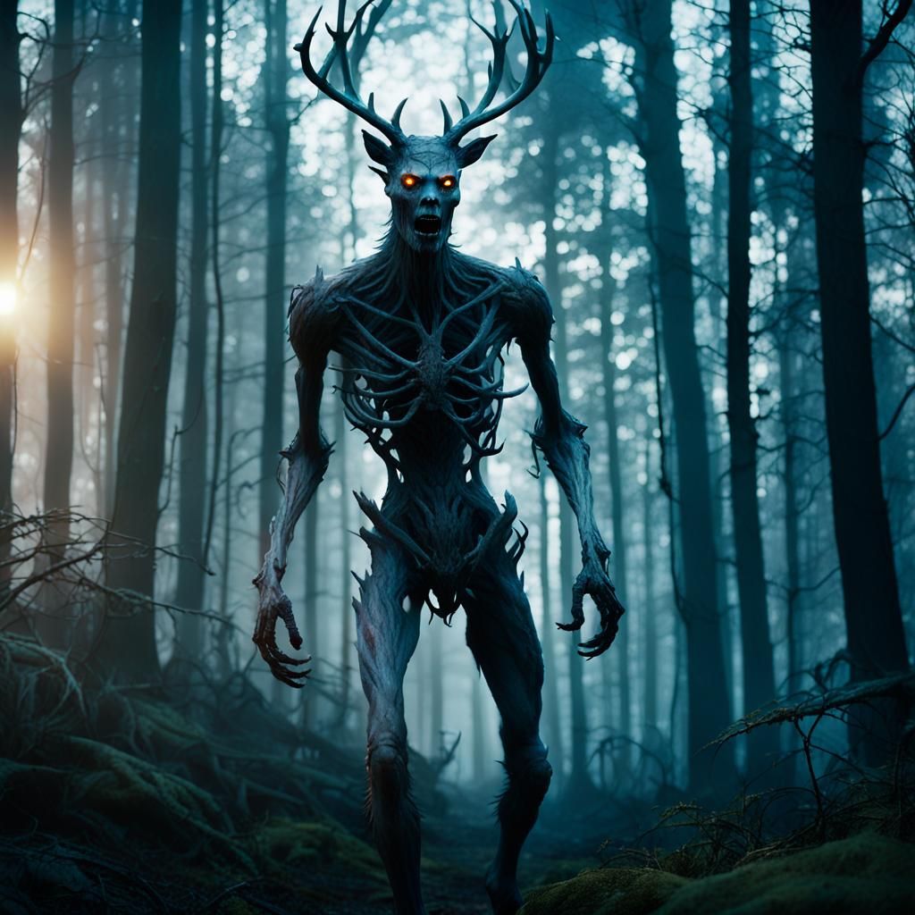 Terrifying Wendigo Roams Dark Woods in Cinematic Style