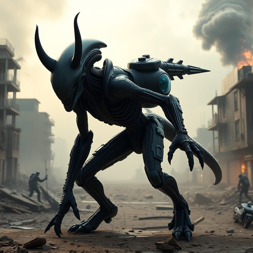 Menacing Alien in Post-Apocalyptic Landscape