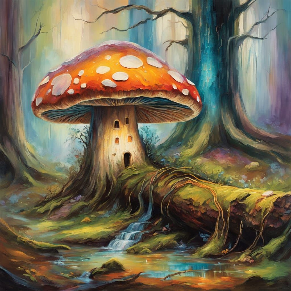 Dreamlike Oil Painting of a Giant Mushroom in a Mossy Forest
