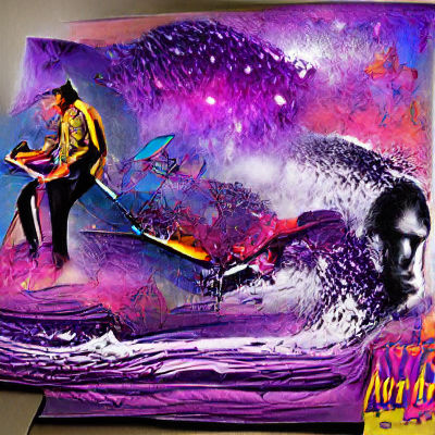 Surfer on Guitar Under Meteors in Pop Art