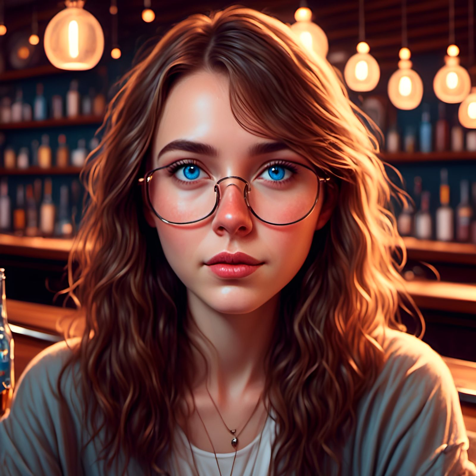Portrait of a Blue-Eyed Woman at a Bar