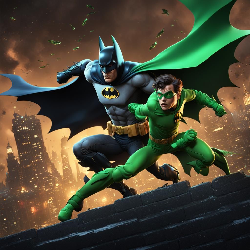 Batman and Robin fighting The Riddler